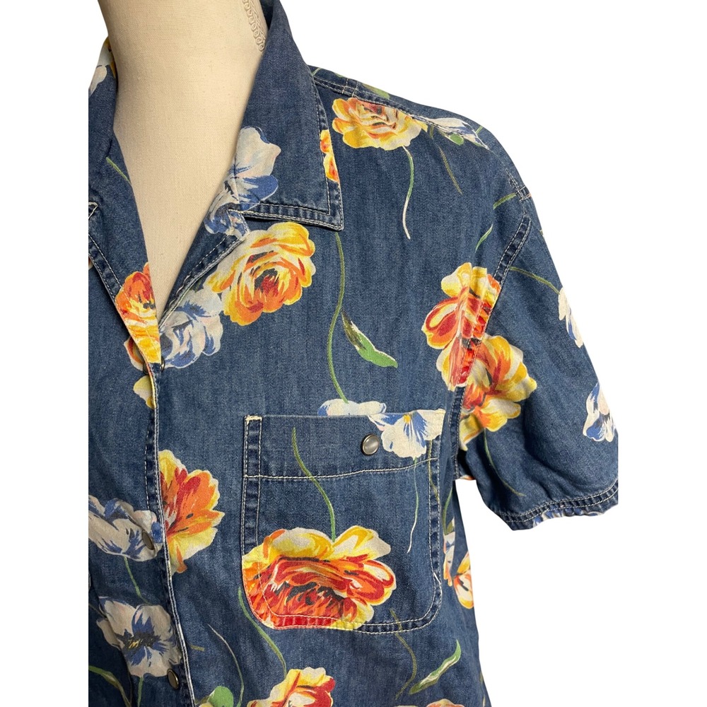 Vintage 90s Lizwear Big Flower Print Pearl Snap Denim Shirt Women's M - Picture 3 of 7